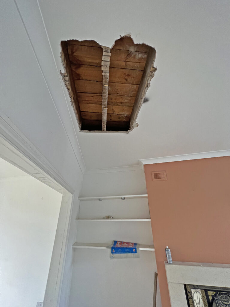 Herbert Paradise, Kensal Rise, NW London - opening up works in the ceiling to reveal joist directions