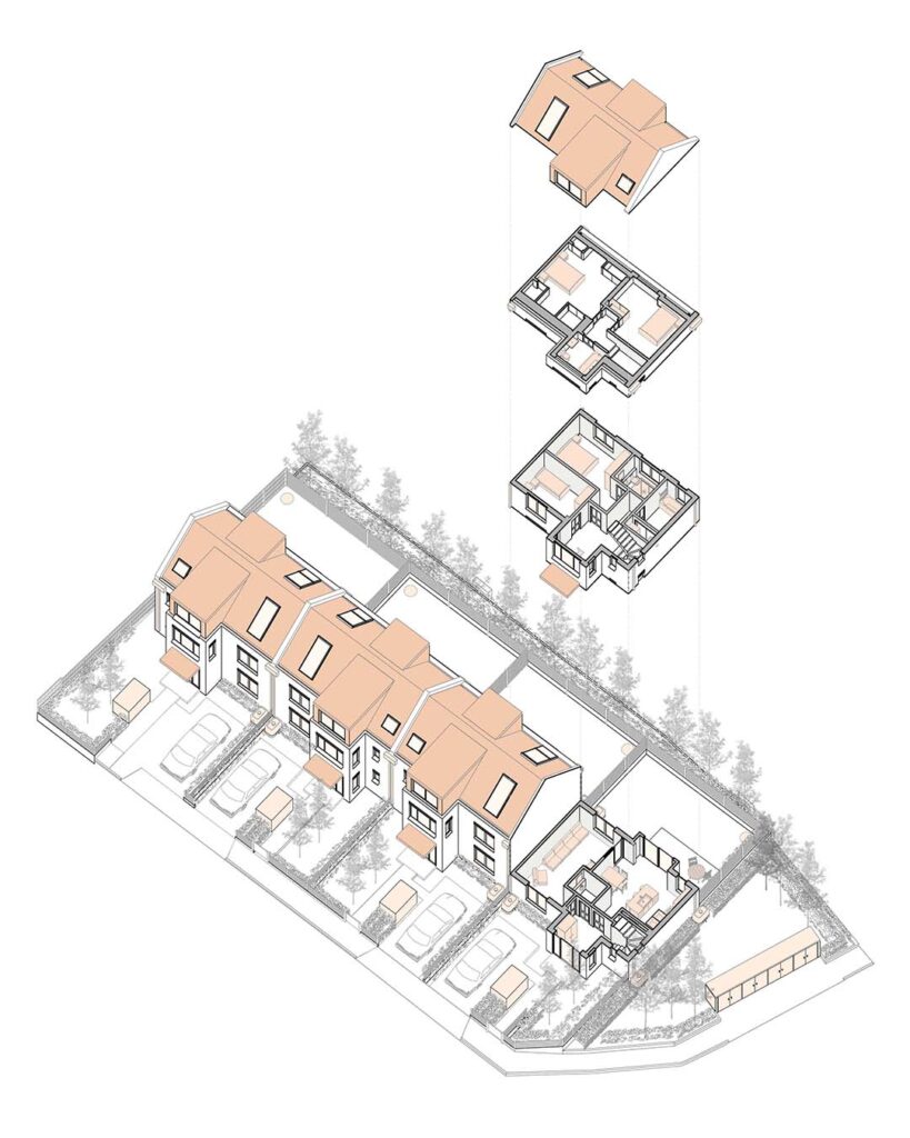 Aerial axonometric view of four new houses in Kenton, North West London