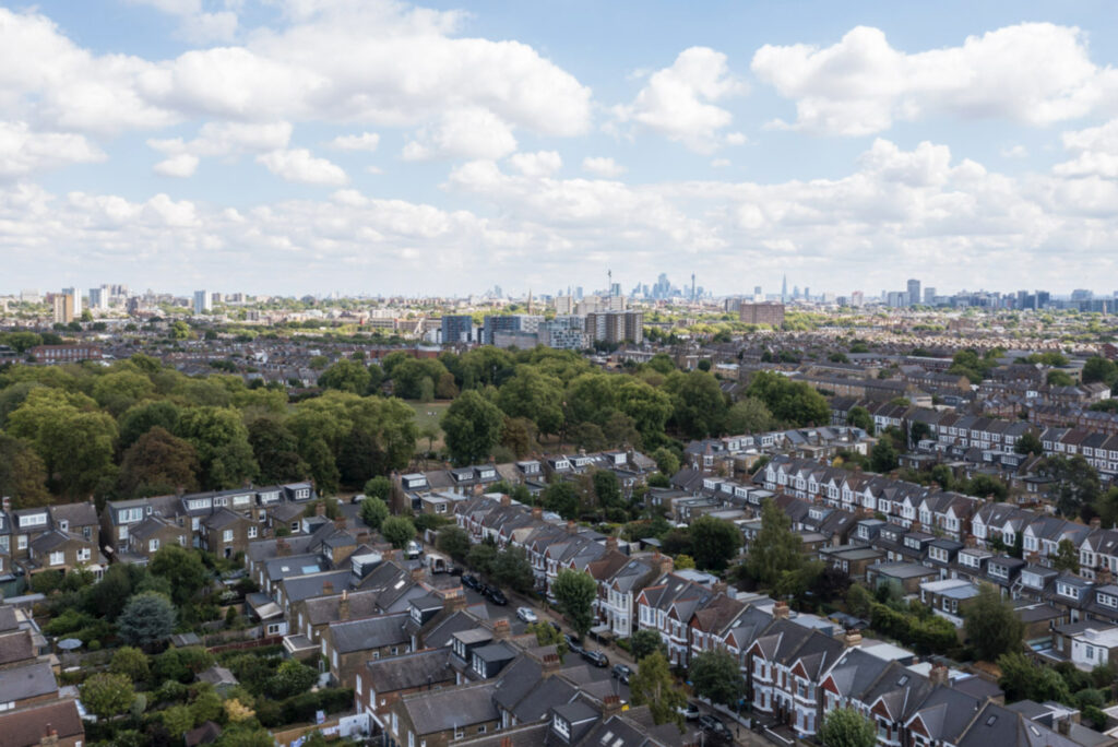 Aerial view of Queen's Park, North West London, with the city centre in the background