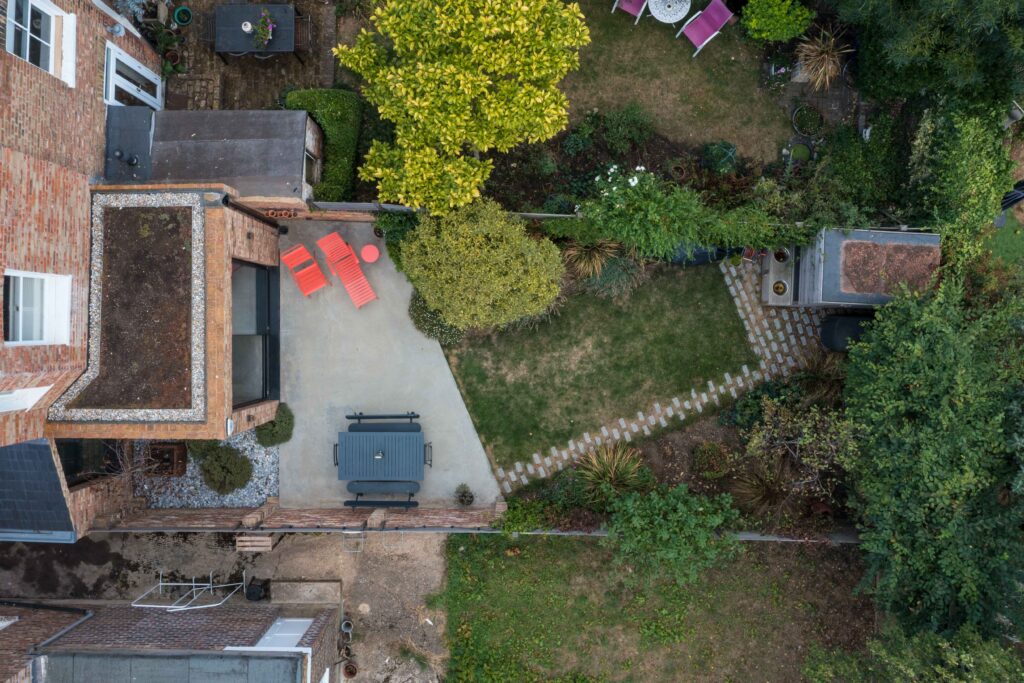 Aerial view of Queen's Park House in NW London, the rear garden includes native plants 