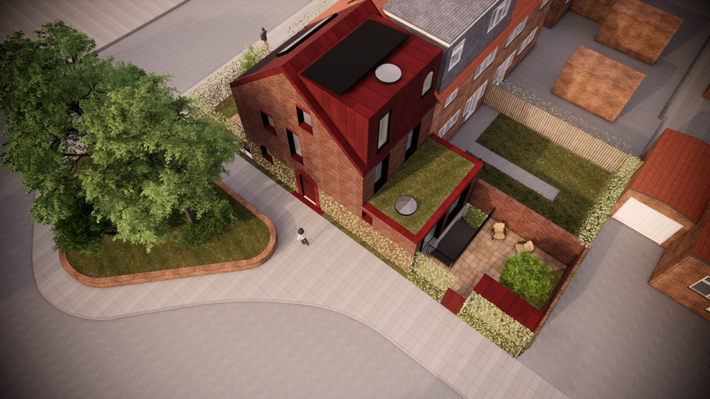 Aerial view of Red Arches House in Kensal Rise, North West London, by RISE Design Studio