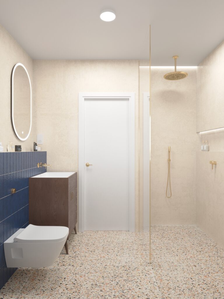 A view of one of the bathrooms will look like when it's complete, including terrazzo tiles for the floor and tadelakt on the walls and ceiling