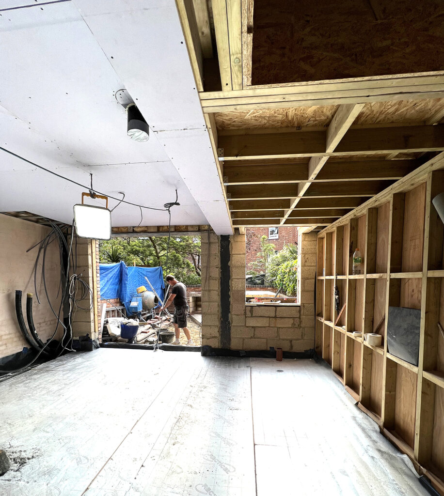 Site progress at Ice Cream House in Hampstead, the above view is of the Kitchen with a view to the rear patio
