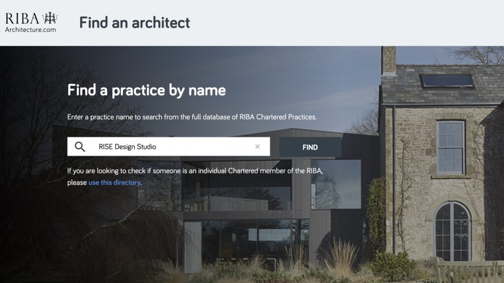 RISE Design Studio is a RIBA Chartered Practice  - image of search bar on RIBA website
