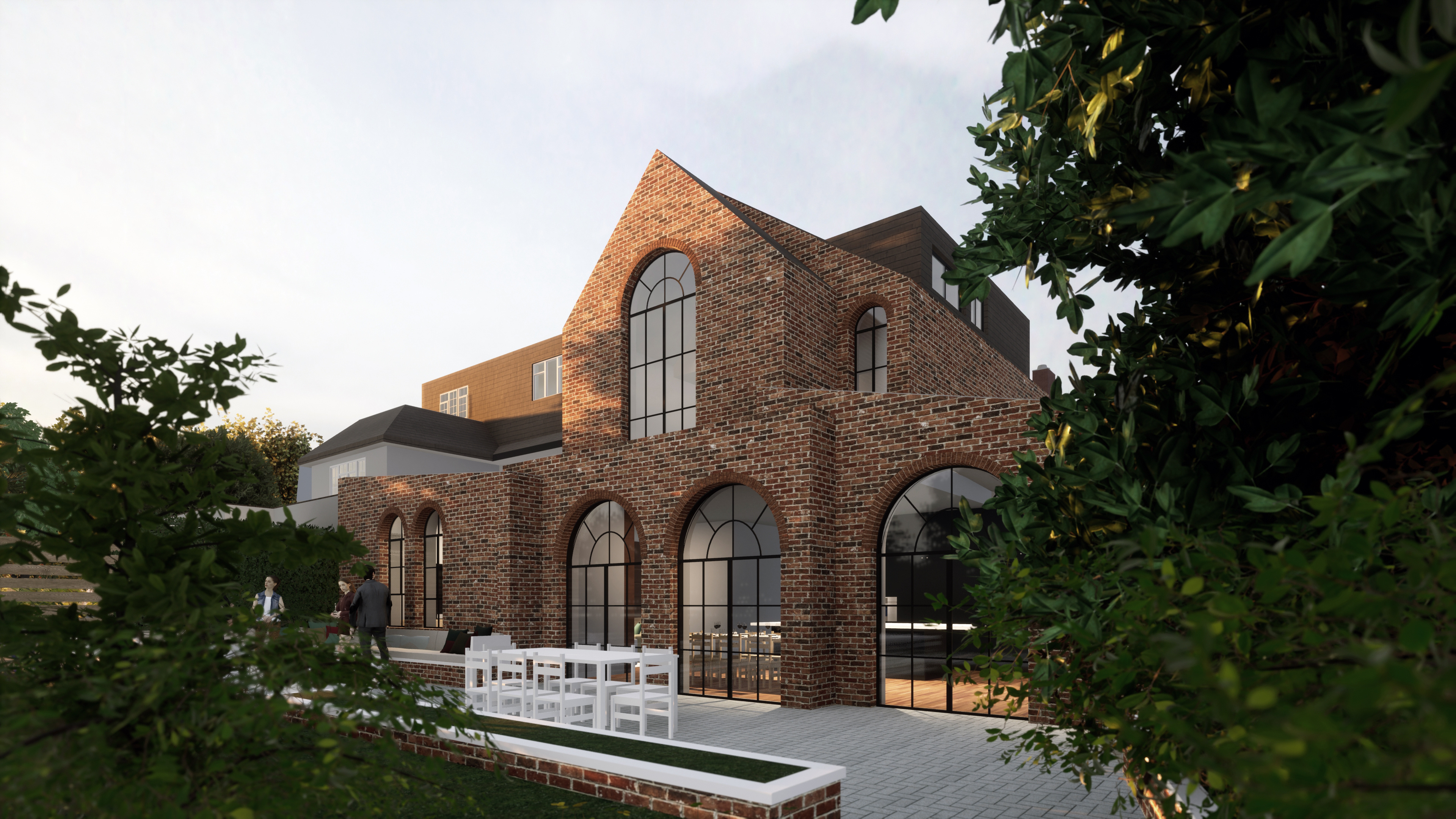 A 3-D rendering of a double storey extension with large arched windows and modern outdoor seating area in a London residential garden.