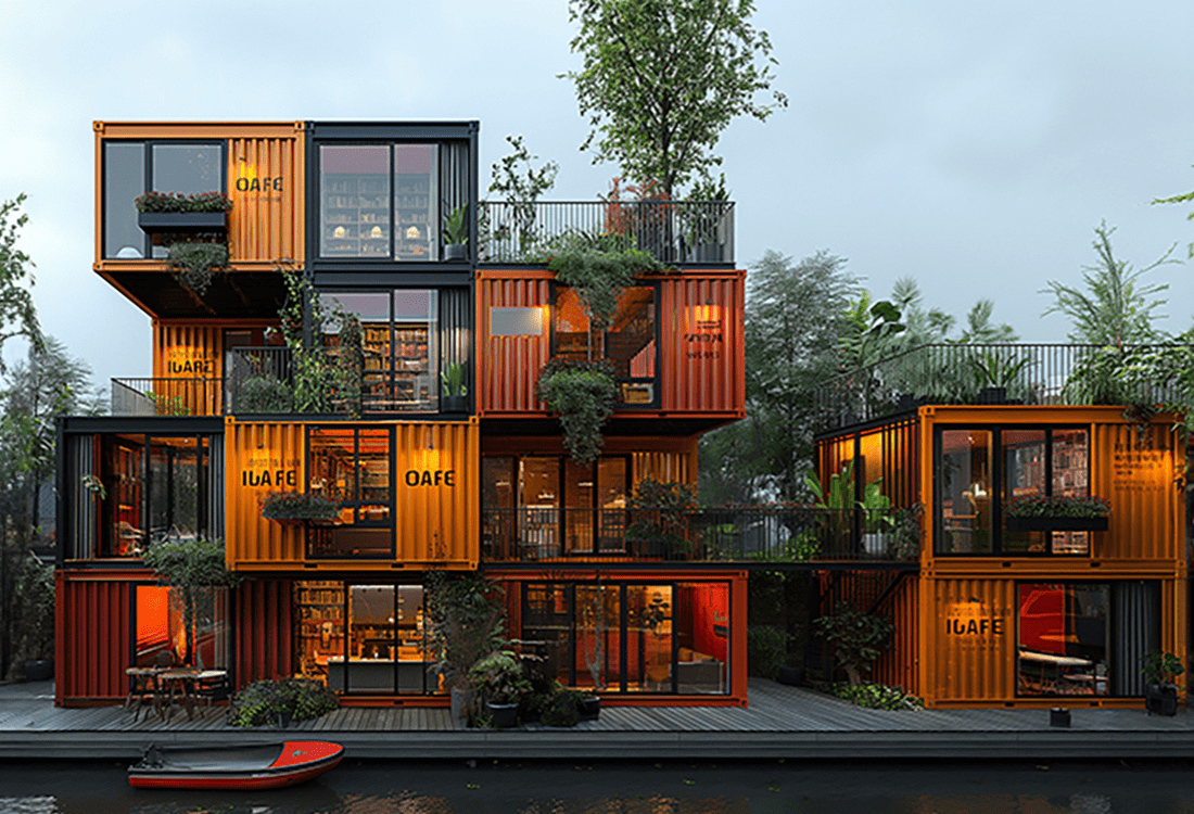 Modern structure made from repurposed shipping containers with greenery and open spaces, symbolising accessible and sustainable architecture that fosters collaborative and inclusive environments, shaping student experiences by promoting adaptability and creativity.