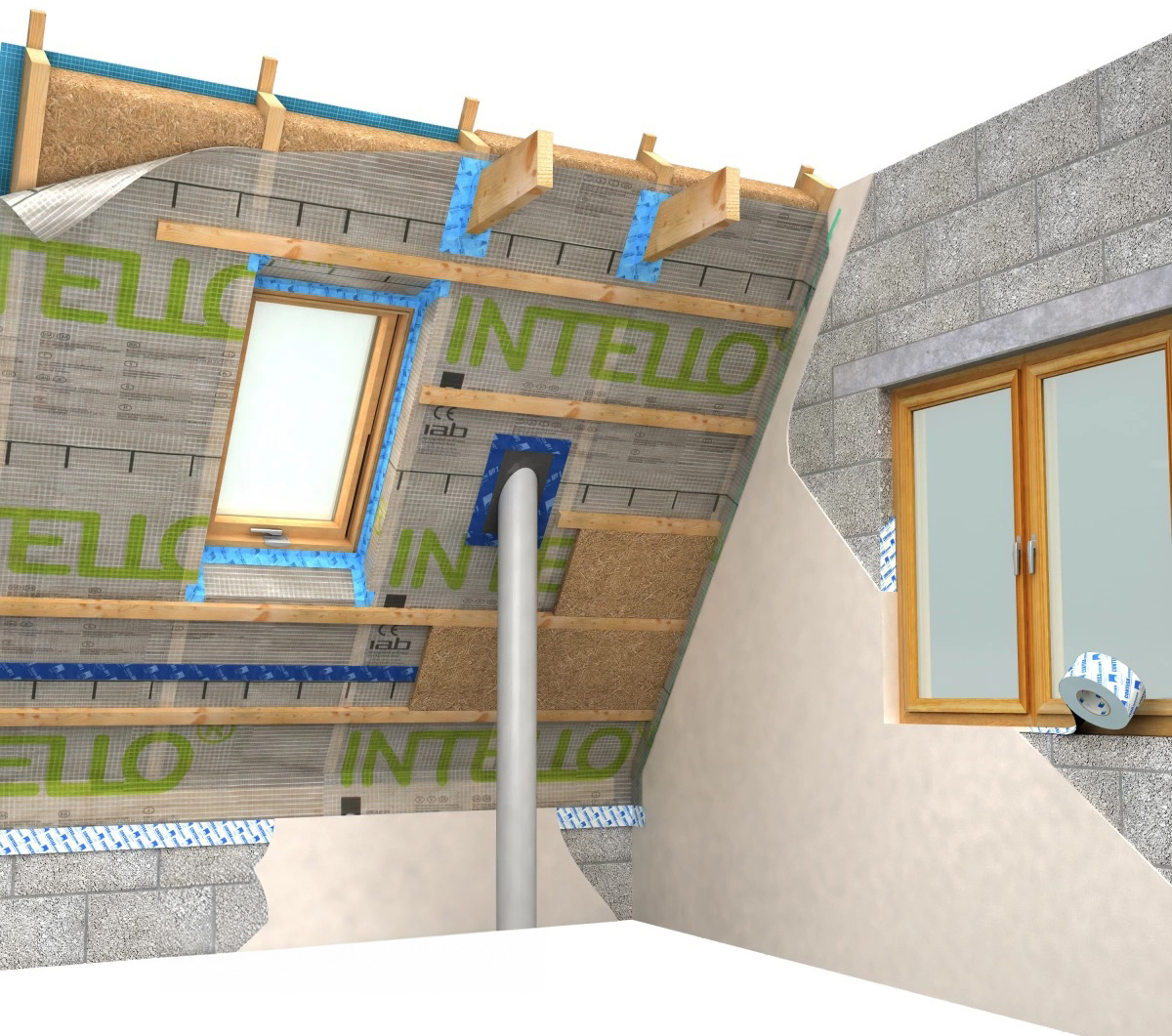 Cutaway view of a building's insulated roof and wall construction, showcasing Passivhaus principles with eco-friendly materials and energy-efficient design.