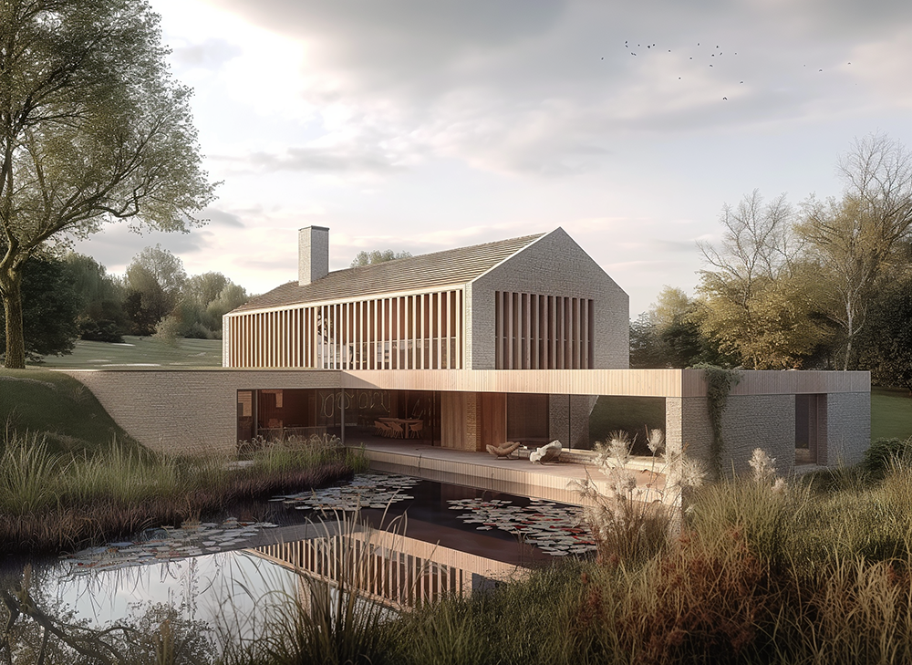 A modern countryside home featuring a minimalist design with a gabled roof and large vertical windows, blending natural stone and timber materials. The house is surrounded by lush greenery, a reflective pond with lily pads in the foreground, and an open, serene rural landscape in the background.