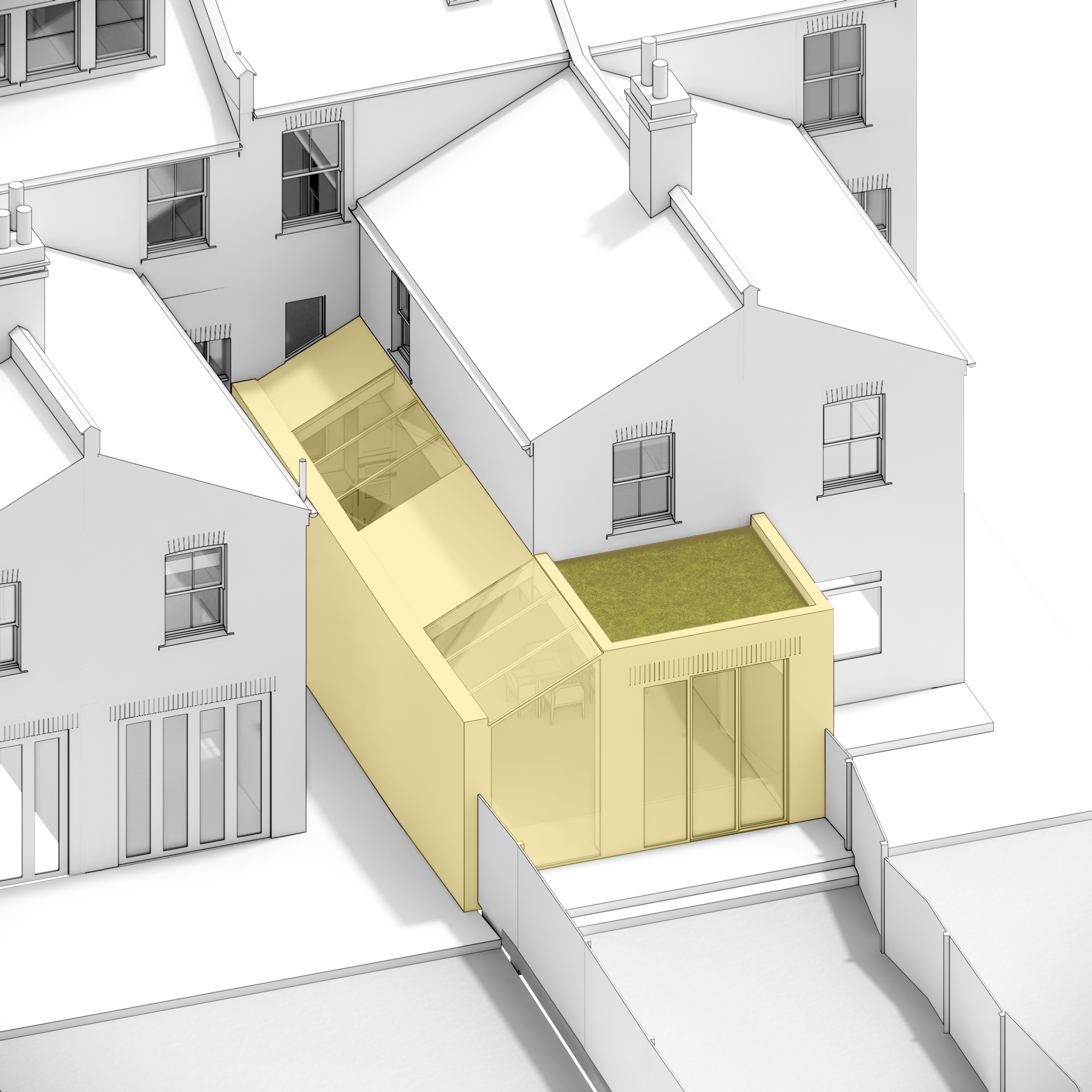 3D architectural rendering of a wraparound extension featuring a modern design with skylights, large glass doors, and a green roof, seamlessly integrated into a traditional terraced house layout.