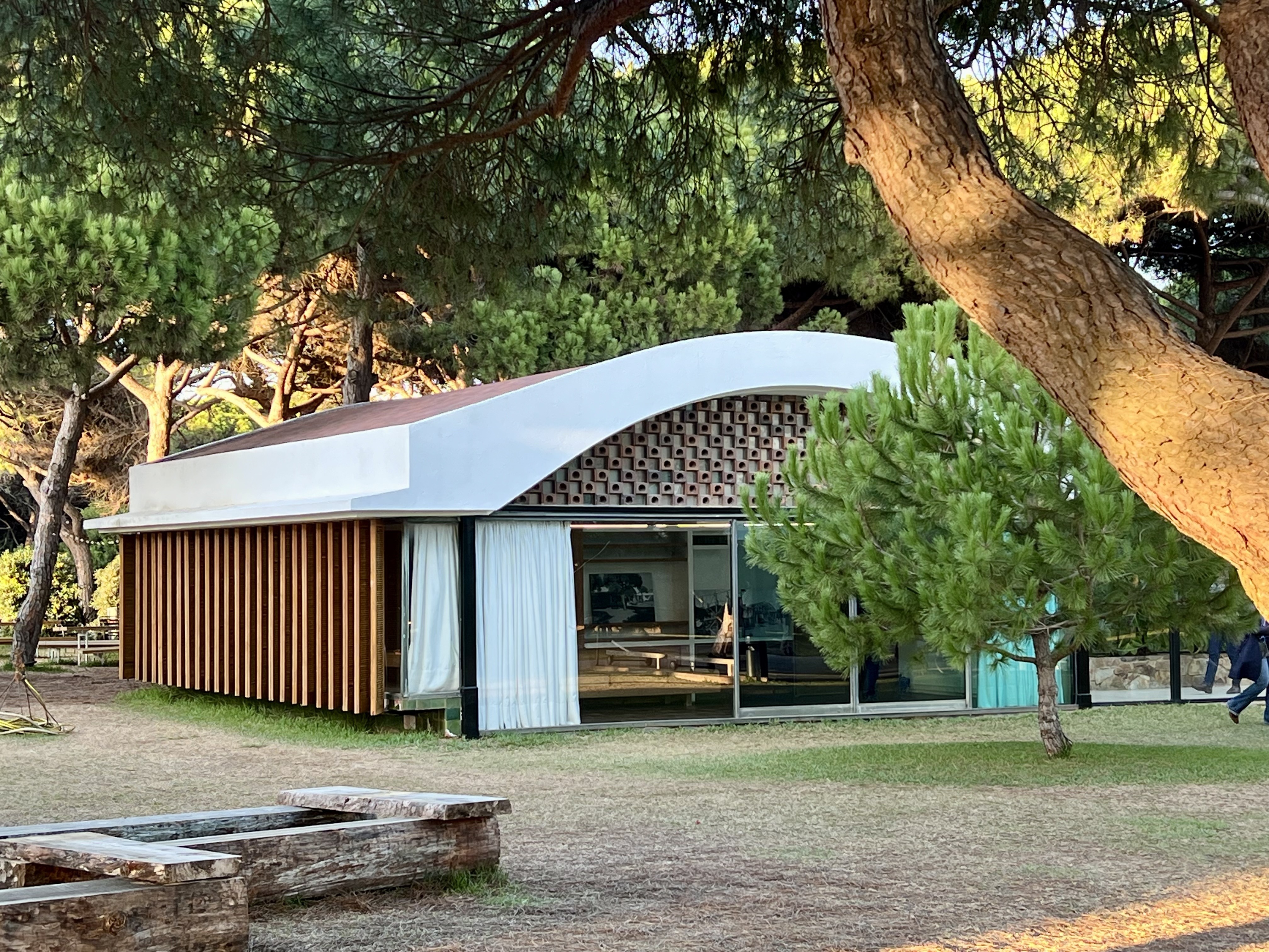 Casa Gomis, framed by lush green pine trees, highlights its wave-like roof design and seamless integration with nature, exemplifying environmentally sustainable architecture.