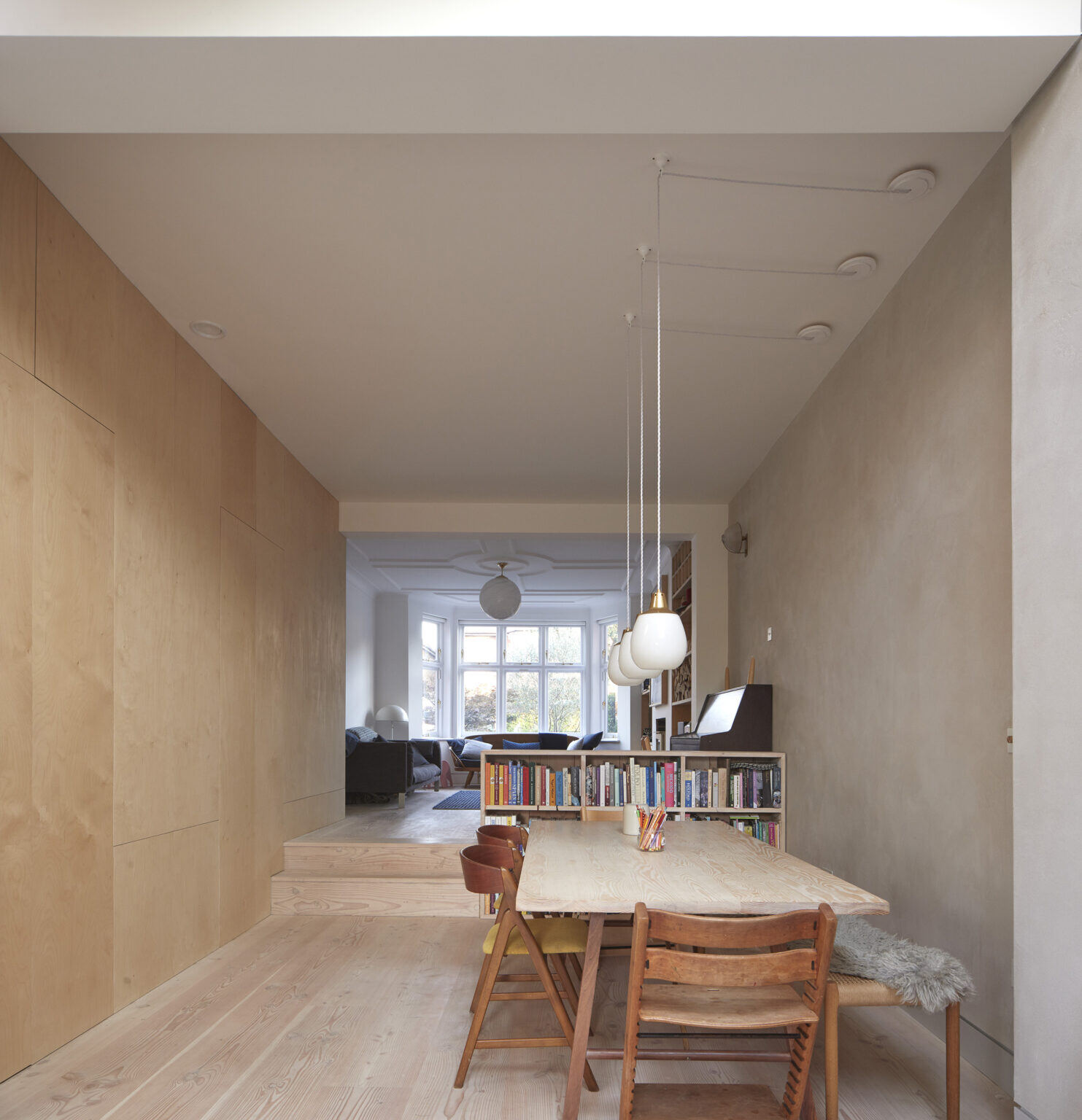 Clay plaster at our Douglas House project in the Dining and Kitchen in Kensal Rise, North West London (Birch Plywood storage doors on the right hand side)