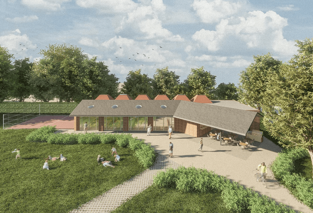 Architectural rendering of a low-impact, sustainable building surrounded by green landscaping, featuring solar-compatible roof angles, natural materials, and ample outdoor space, embodying principles of eco-friendly design.